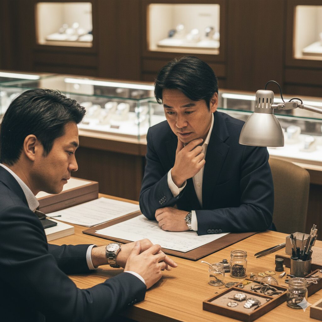 日本人男性が時計店でキングセイコーを試着し、そのケースの美しい輝きを手首で確認して満足している様子