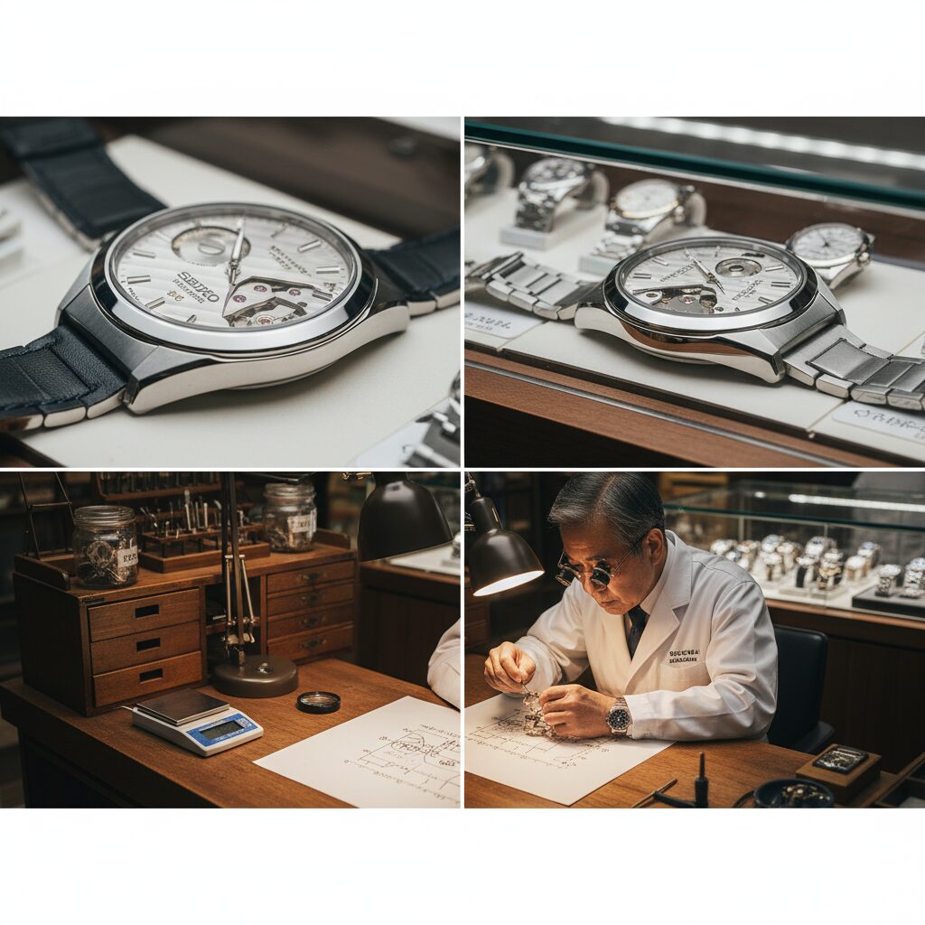 熟練した日本の時計修理技能士が、部品が少なく修理が困難なアンティークウォッチのムーブメントをルーペで覗き込みながら作業している様子