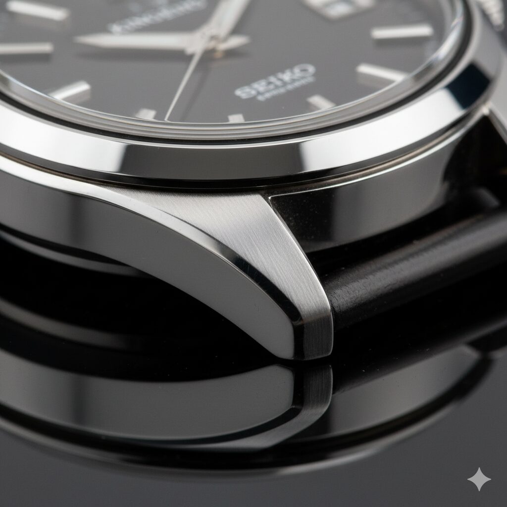 キングセイコーのケースに施されたザラツ研磨の鋭いエッジと、歪みのない鏡面仕上げの輝きを捉えたマクロ写真