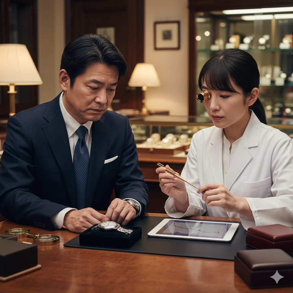 中古時計店で専門家による腕時計の査定を受けている様子、リセールバリューへの懸念を表現