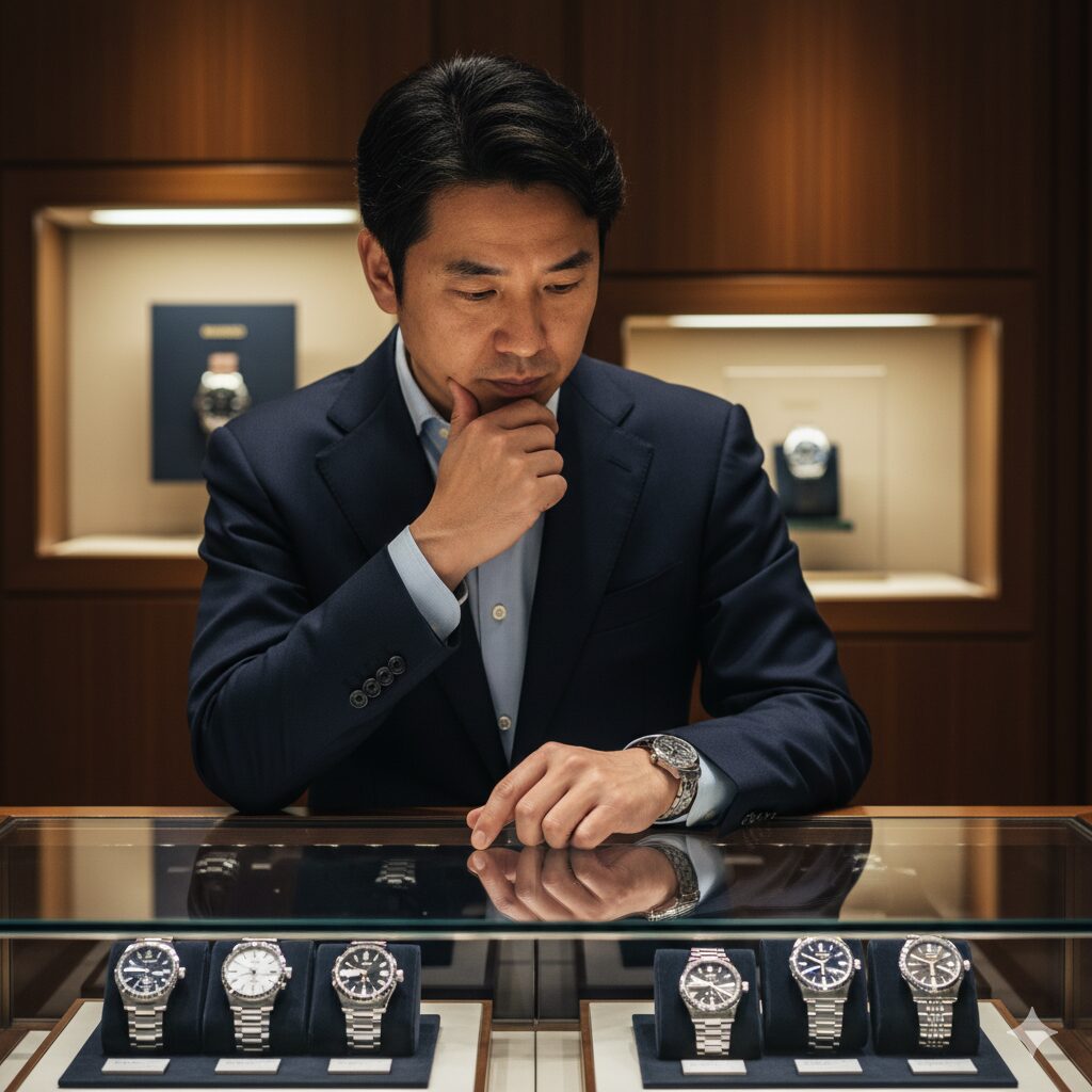 グランドセイコーとキングセイコーのどちらを選ぶか、高級時計店のショーケース前で真剣に悩むアジア人男性