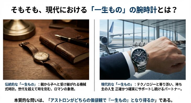 画像タイトル: 現代における「一生もの」の腕時計の定義
代替テキスト(alt): 伝統的な機械式時計と、テクノロジーで人生をサポートするパートナーとしてのアストロンの価値観の比較図
