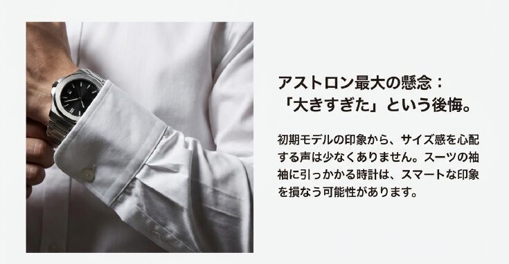 画像タイトル: アストロン購入前に確認すべきケース厚の目安
代替テキスト(alt): ビジネスシーンに適した厚さ13mm台と、カジュアル向きの15mm以上の違いを示した図解