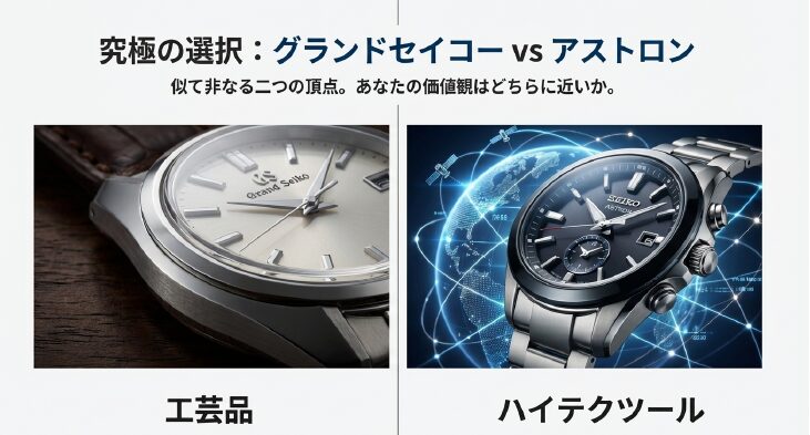 画像タイトル: 伝統のグランドセイコーと革新のアストロン
代替テキスト(alt): 「伝統を慈しむ工芸品」としてのグランドセイコーと、「時間を支配するハイテクツール」としてのアストロンの価値観比較図