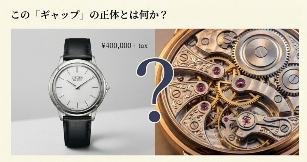 画像タイトル: 加える豪華さと削ぎ落とす豪華さの対比

代替テキスト (alt): 宝石で装飾された「Luxury of Addition（加える豪華さ）」の時計と、極限まで要素を削ぎ落とした「Luxury of Subtraction（削ぎ落とす豪華さ）」であるエコ・ドライブ ワンの比較。