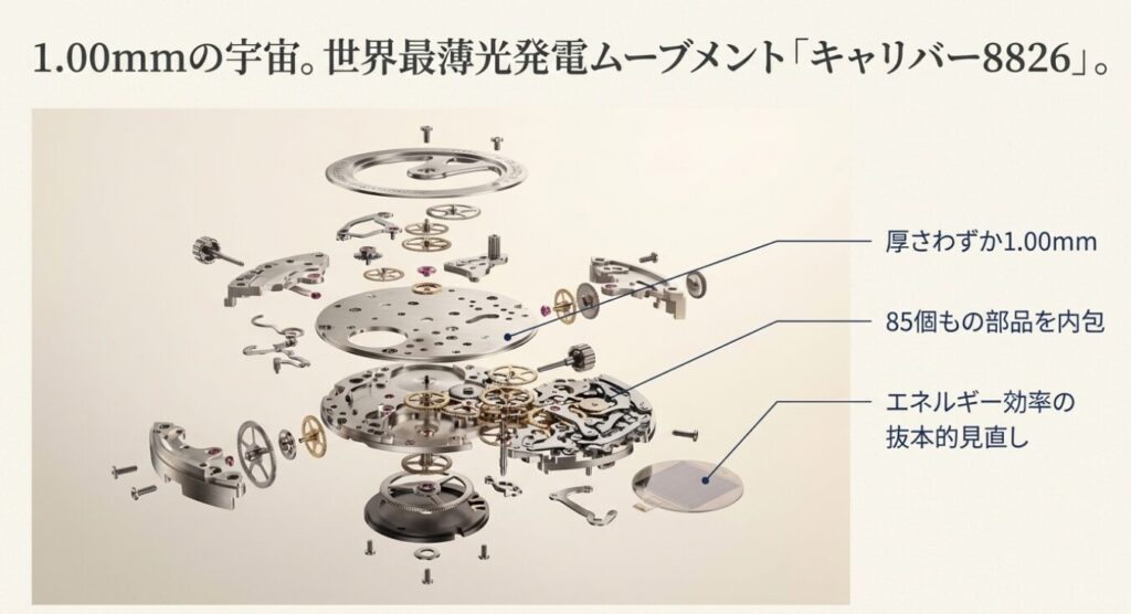 画像タイトル: 世界最薄光発電ムーブメント キャリバー8826の分解図

代替テキスト (alt): 厚さわずか1.00mmの中に85個もの部品を内包する、シチズンの世界最薄光発電ムーブメント「キャリバー8826」の精密な分解構造図。