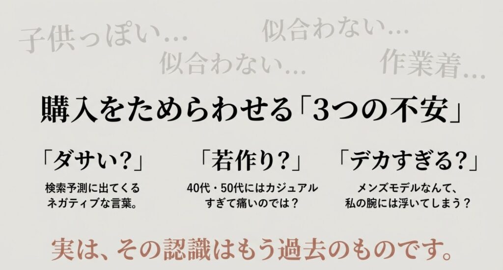 画像タイトル: G-SHOCK購入をためらう3つの不安と誤解
代替テキスト: 「子供っぽい」「似合わない」「作業着」といった検索予測に出るネガティブな言葉と、それが過去の認識であることを示すスライド。