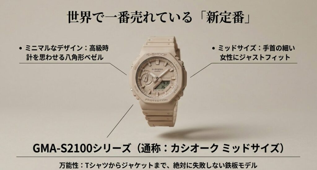 画像タイトル: 世界で一番売れている新定番・カシオークミッドサイズ
代替テキスト: G-SHOCK GMA-S2100シリーズの紹介。ミニマルな八角形ベゼルと女性の手首にジャストフィットするミッドサイズの特徴。