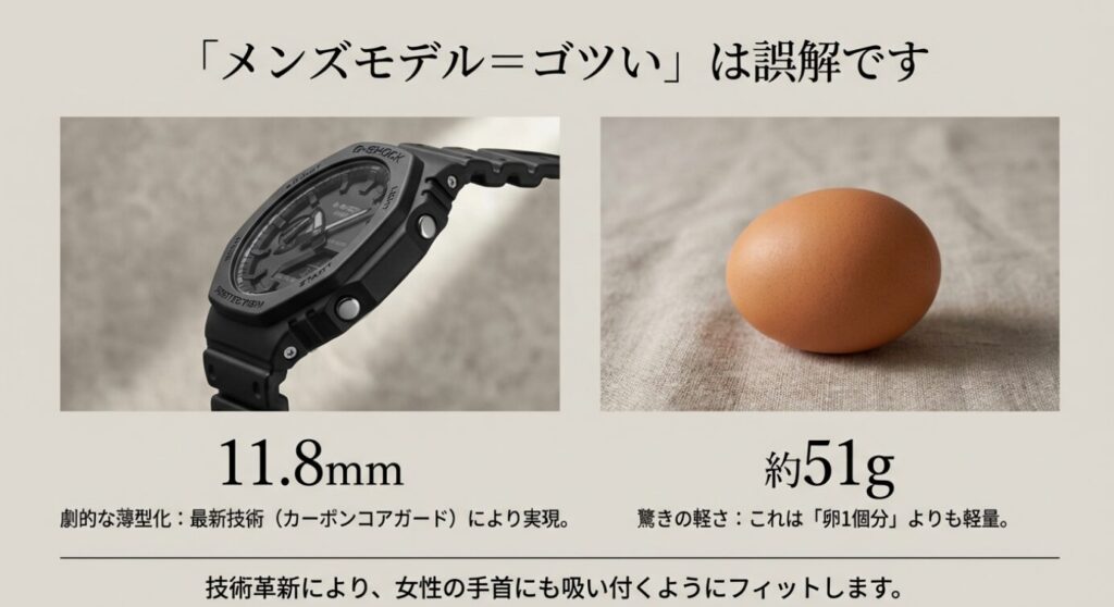 画像タイトル: メンズモデルの劇的な薄型化と驚きの軽さ
代替テキスト: カーボンコアガード技術により厚さ11.8mm、重さ約51gを実現したG-SHOCKと卵の比較画像。「メンズ=ゴツい」は誤解であることを解説。