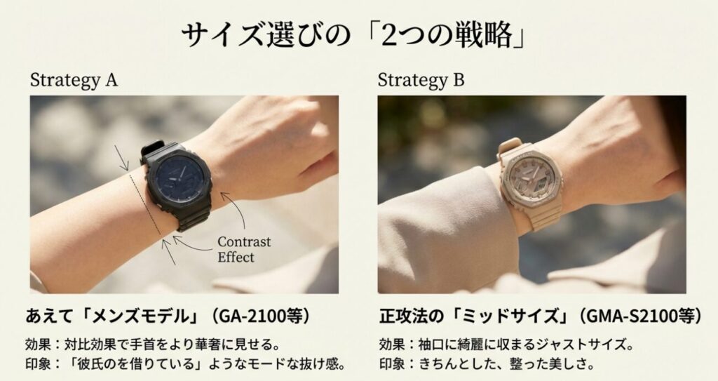画像タイトル: サイズ選びの2つの戦略・対比効果かジャストサイズか
代替テキスト: 手首を華奢に見せる「メンズモデル」と、袖口に綺麗に収まる「ミッドサイズ」の着用イメージ比較写真。Contrast Effectの解説。