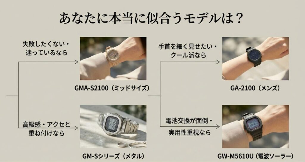 画像タイトル: 失敗しないG-SHOCK選び・タイプ別おすすめモデル診断
代替テキスト: 悩み別に最適なモデルを提案するチャート図。「失敗したくない」「手首を細く見せたい」「実用性重視」などのニーズに応じたモデル(GMA-S2100, GA-2100, GM-S, GW-M5610U)の分類。