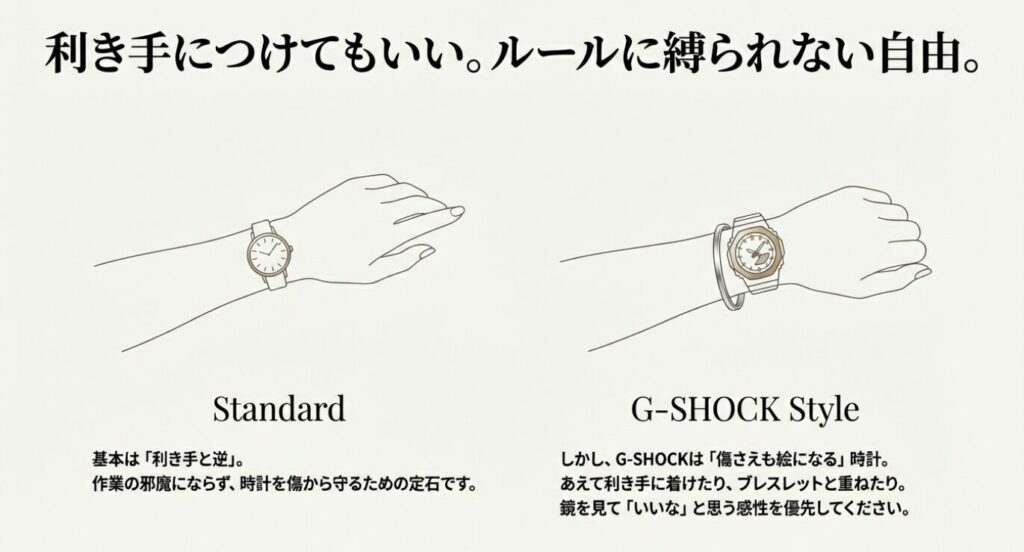 画像タイトル: G-SHOCKはどっちの手につける?基本と自由なスタイル
代替テキスト: 時計を利き手と逆につける一般的なマナーと、G-SHOCKをあえて利き手やブレスレットと重ね付けするスタイルのイラスト比較。