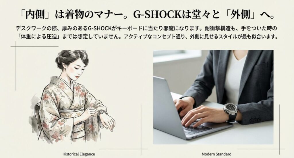 画像タイトル: 時計を内側につける理由とG-SHOCKを外側につけるメリット
代替テキスト: 着物姿で内側の時計を見る女性と、ビジネスシーンで外側のG-SHOCKをつけてパソコン作業をする女性の対比イラスト。