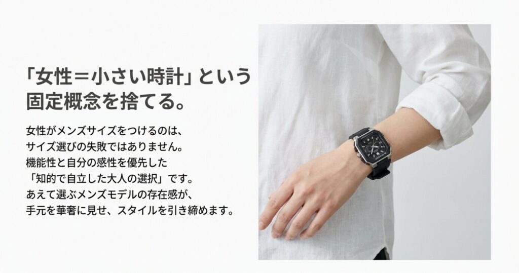 画像タイトル: 女性があえて選ぶメンズサイズG-SHOCKの魅力
代替テキスト: 白シャツを着た女性が黒いスクエアのメンズG-SHOCKを着用している写真。「女性=小さい時計」という固定概念を捨てる提案。