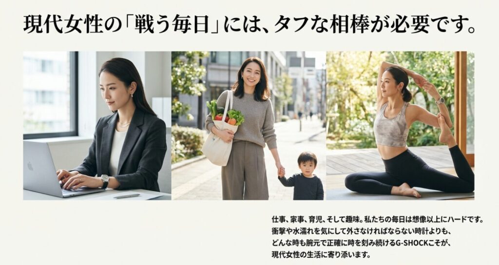画像タイトル: 仕事・育児・趣味に忙しい現代女性とG-SHOCK
代替テキスト: ビジネス、買い物と子供、ヨガを楽しむ女性の3枚の写真。戦う毎日にタフな相棒が必要であることを表現。