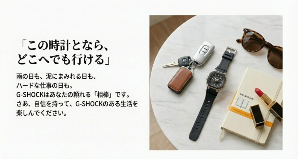 画像タイトル: G-SHOCKという相棒と出かける日常
代替テキスト: テーブルの上に置かれたG-SHOCK、車のキー、リップ、手帳の置き画。「この時計とならどこへでも行ける」というメッセージ。