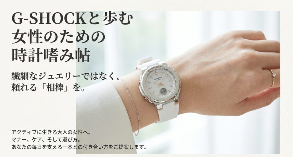 画像タイトル: 女性のためのG-SHOCK時計嗜み帖
代替テキスト: アクティブに生きる大人の女性に向けたG-SHOCKのマナー、ケア、選び方のガイドブック表紙。