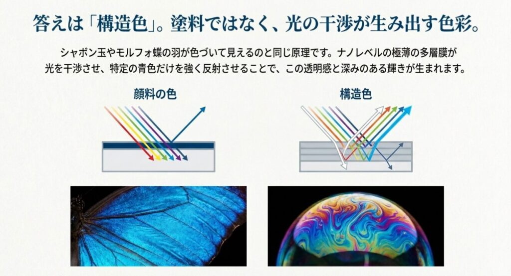 画像タイトル: 塗料ではない、光の干渉が生む「構造色」
代替テキスト: 光の反射と干渉の図解。シャボン玉やモルフォ蝶の羽の構造色の原理
