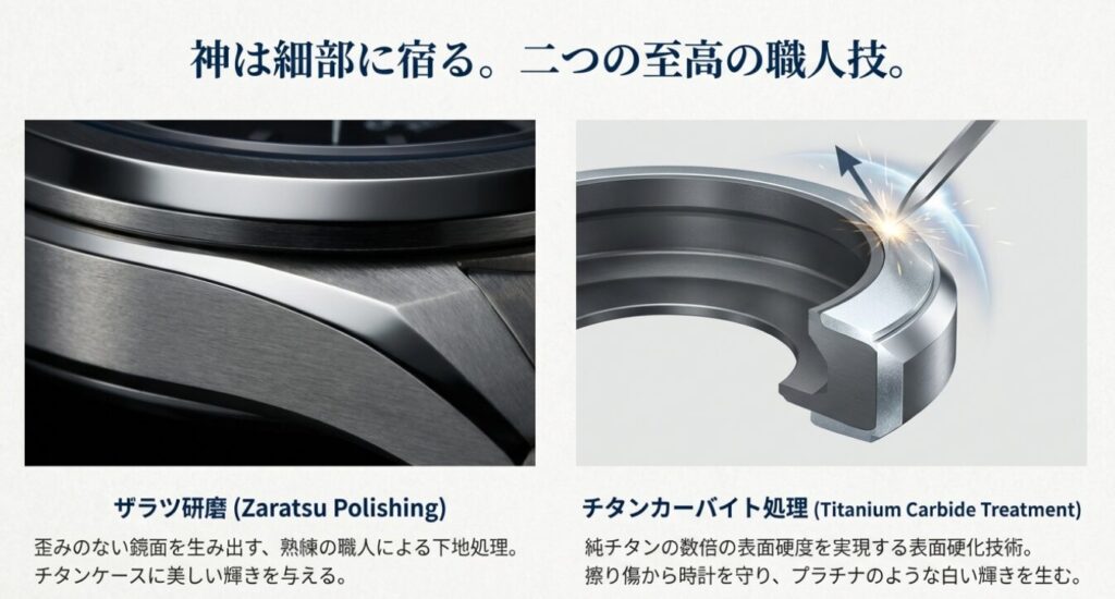 画像タイトル: ザラツ研磨とチタンカーバイト処理
代替テキスト: 歪みのない鏡面仕上げが施されたチタンケースの流麗な曲線のアップ