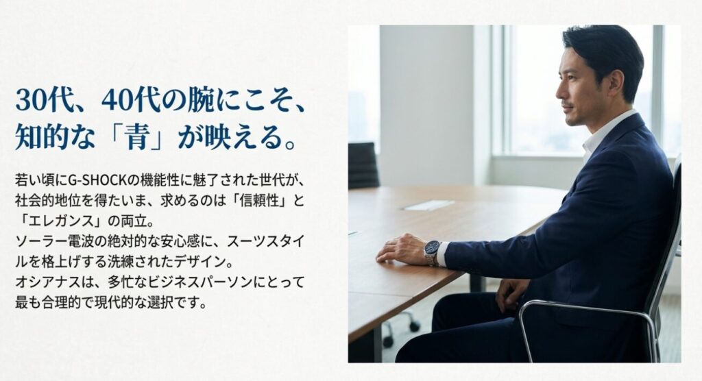 画像タイトル: ビジネスシーンにおける信頼性とエレガンス
代替テキスト: スーツを着た30代〜40代のビジネスマンが窓際に座り、腕元のオシアナスを見ている様子