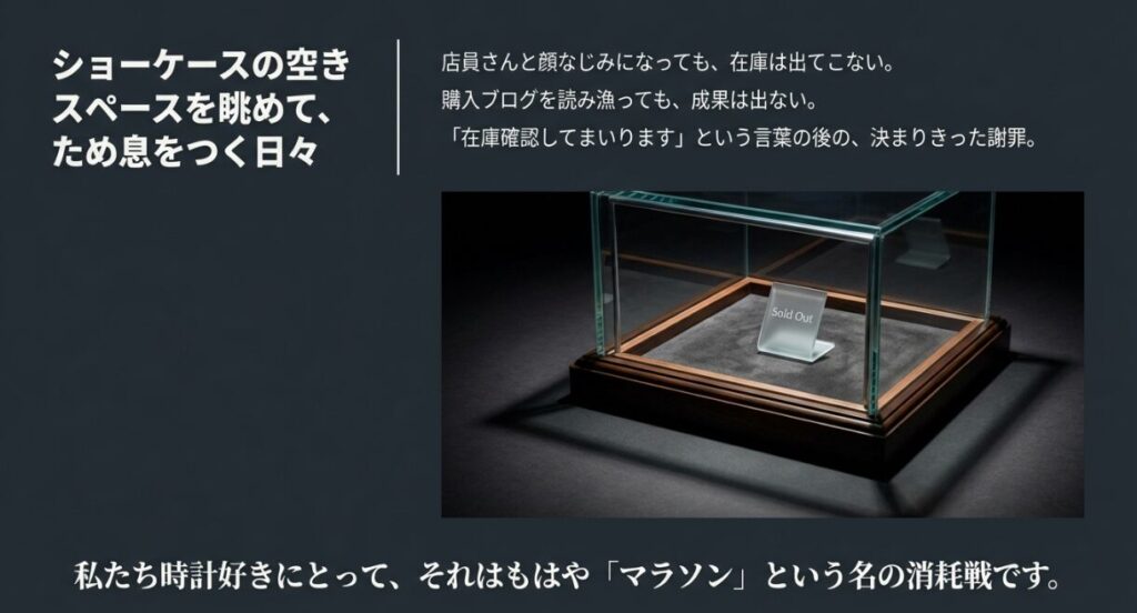 画像タイトル： 正規店巡りの果てにある「Sold Out」の現実

代替テキスト： ガラ空きのショーケースと「Sold Out」の札。在庫がなく、ロレックスマラソンに疲弊する心情を表したイメージ。