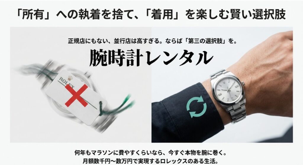 画像タイトル： 「所有」から「着用」へ。第三の賢い選択肢

代替テキスト： 正規店購入、並行輸入に次ぐ「第三の選択肢」としての腕時計レンタル（サブスク）の概念図。
