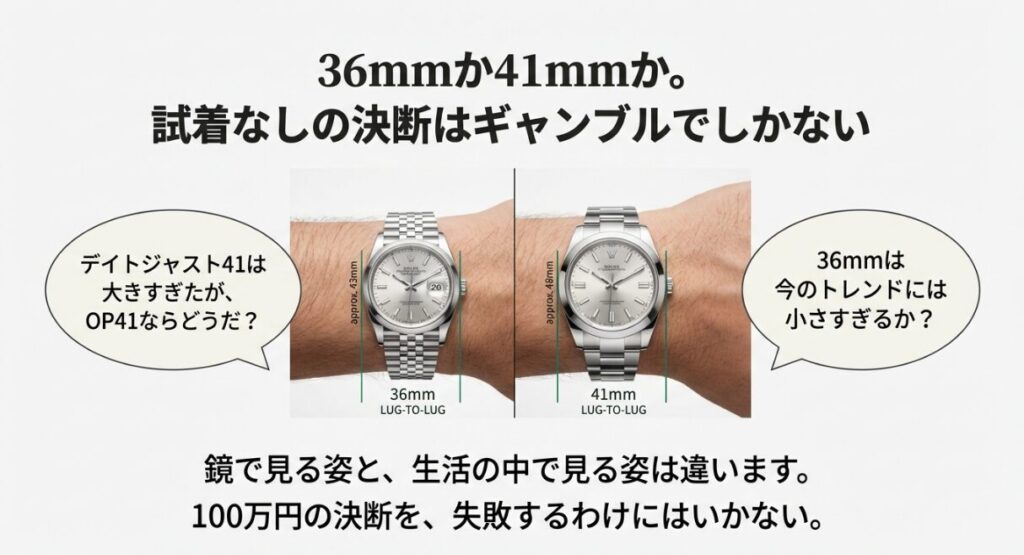 画像タイトル： 失敗できないサイズ選び。36mmか41mmか

代替テキスト： 36mmと41mmのデイトジャスト/オイスターパーペチュアルを着用した腕元の比較写真。Lug-to-Lug（縦の長さ）の数値入り。