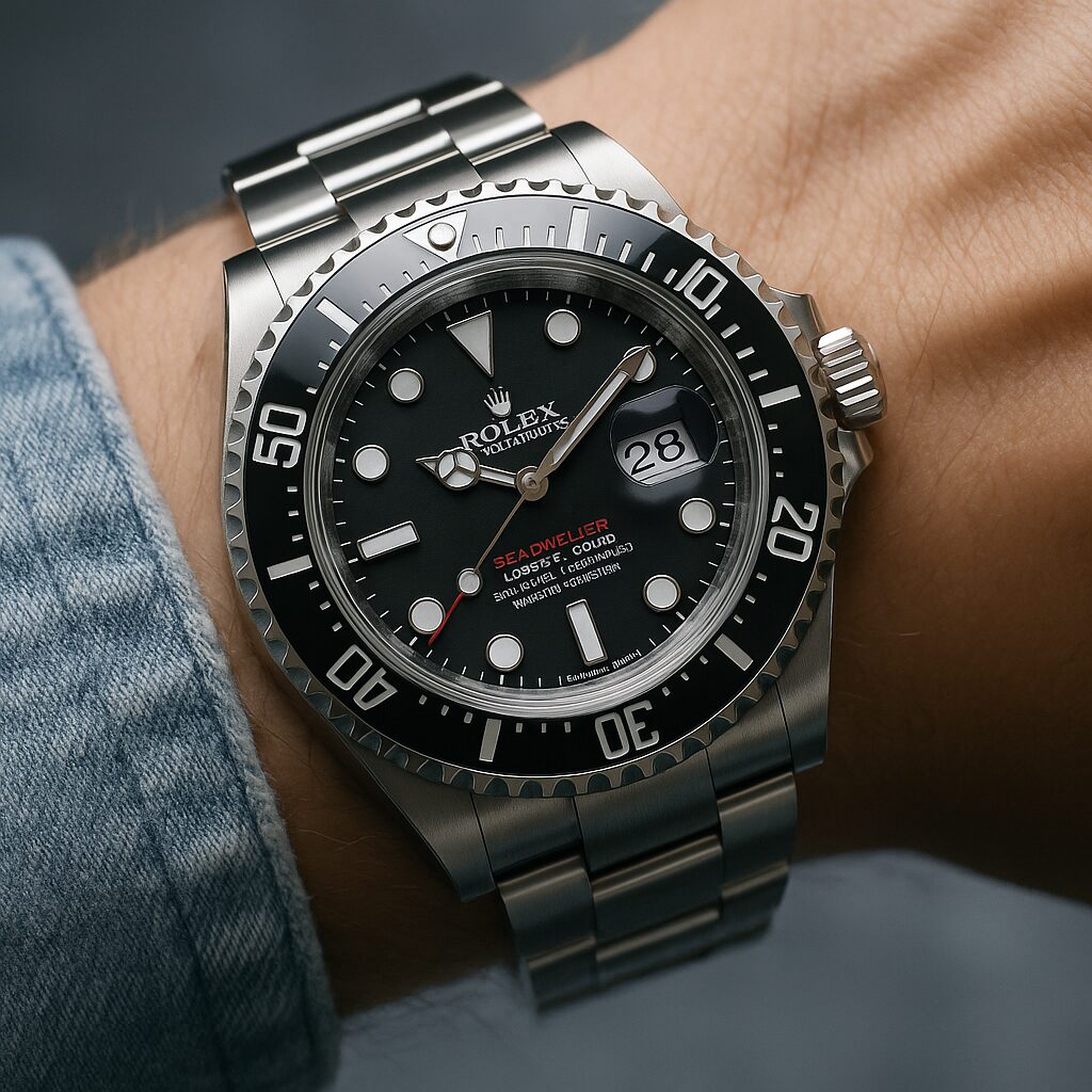 ロレックス シードゥエラーを装着した手元のクローズアップ。黒文字盤と赤い「SEA-DWELLER」ロゴが特徴的で、ステンレス製のブレスレットが光を受けて輝く。デニムシャツの袖口とともに、洗練された印象を演出している。