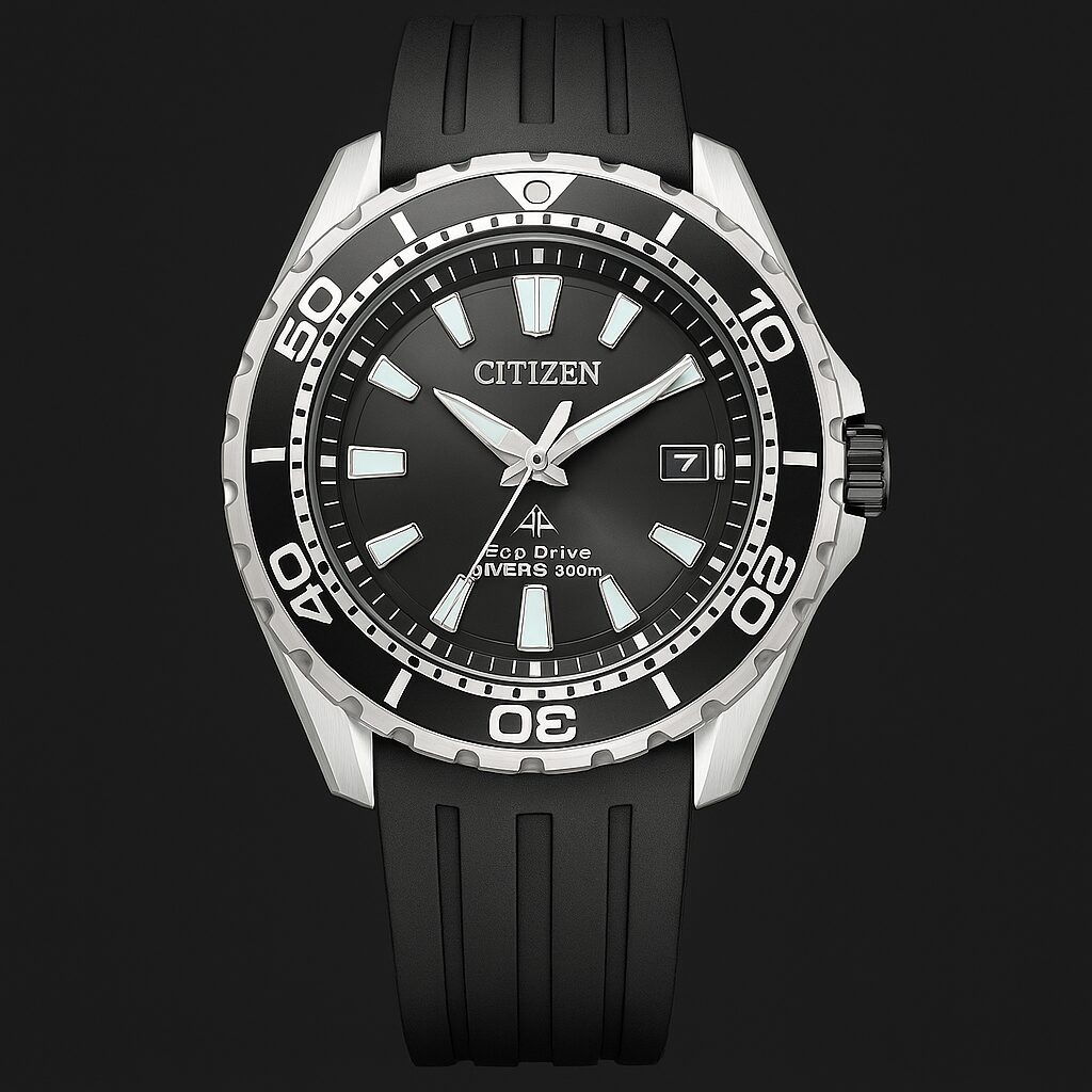 シチズン プロマスター マリン Eco-Drive ダイバーズ200m、黒文字盤とブラックラバーストラップを備えた本格ダイバーズウォッチ