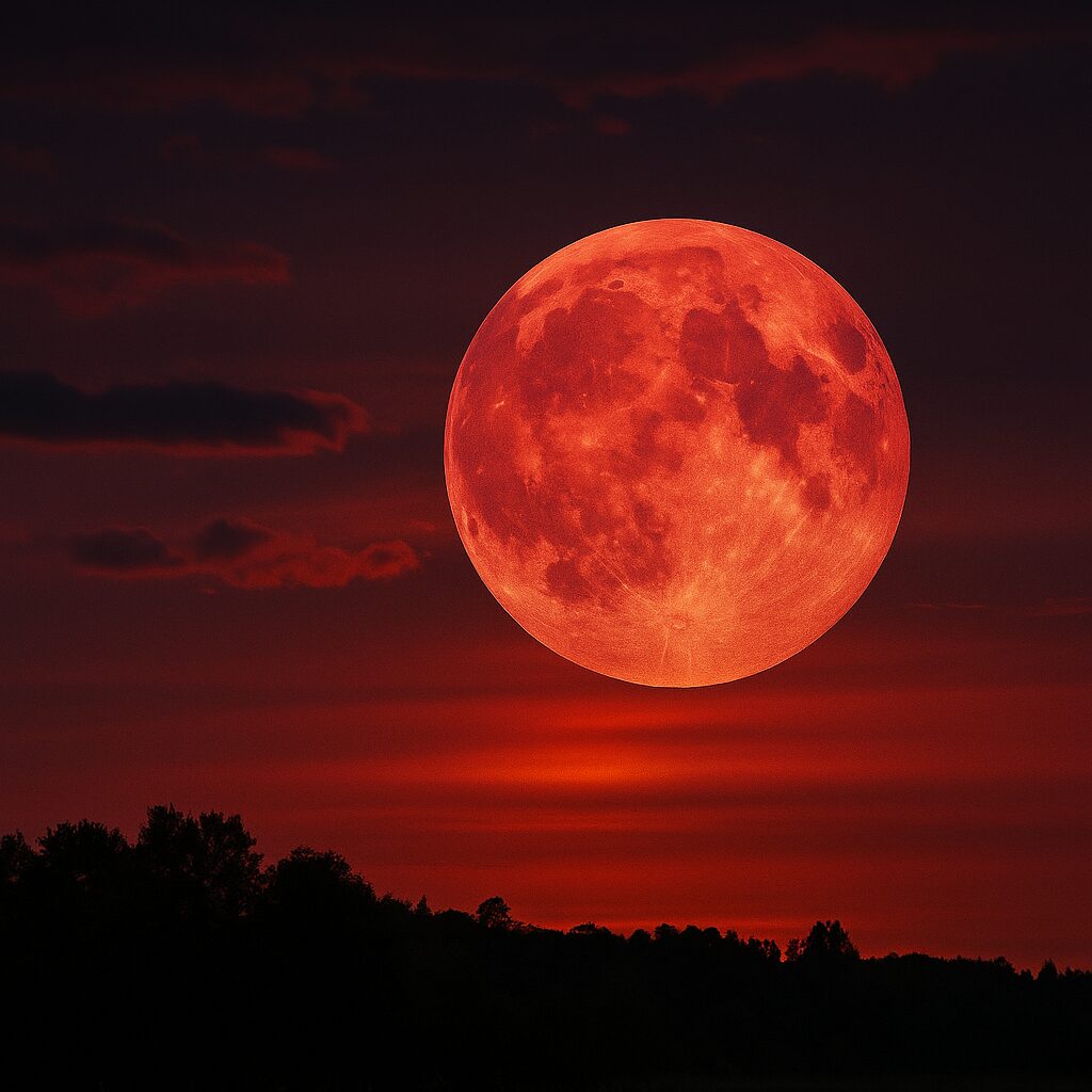 地上から見上げたストロベリームーンが、普段より大きく赤く怪しく輝き、夜空に幻想的な存在感を放つ光景