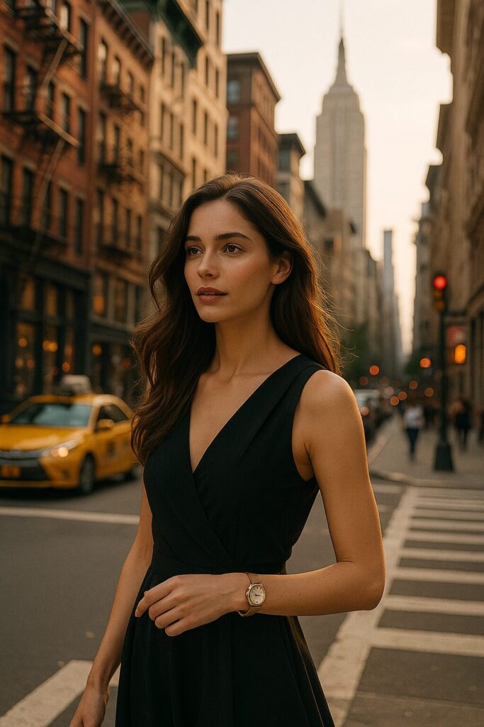 ニューヨークの街並みを背景に、黒のノースリーブドレスを着た美しい女性が夕暮れの交差点を歩く姿。腕にはさりげなくゴールドの腕時計が光り、背後には黄色いタクシーとエンパイア・ステート・ビルが見える