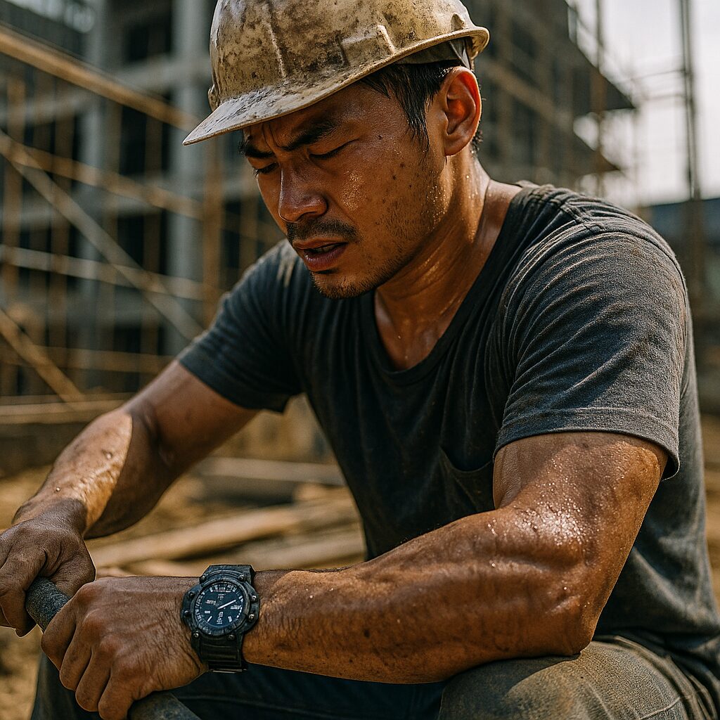 建築現場で汗をかきながら作業する日本人男性作業員。左腕にはGショック風の腕時計が自然に装着されている。