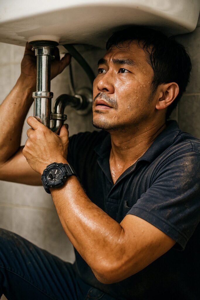 汗をかきながらシンク下で配管作業をする日本人の男性作業員。左腕にはGショックの腕時計が自然に確認できる。