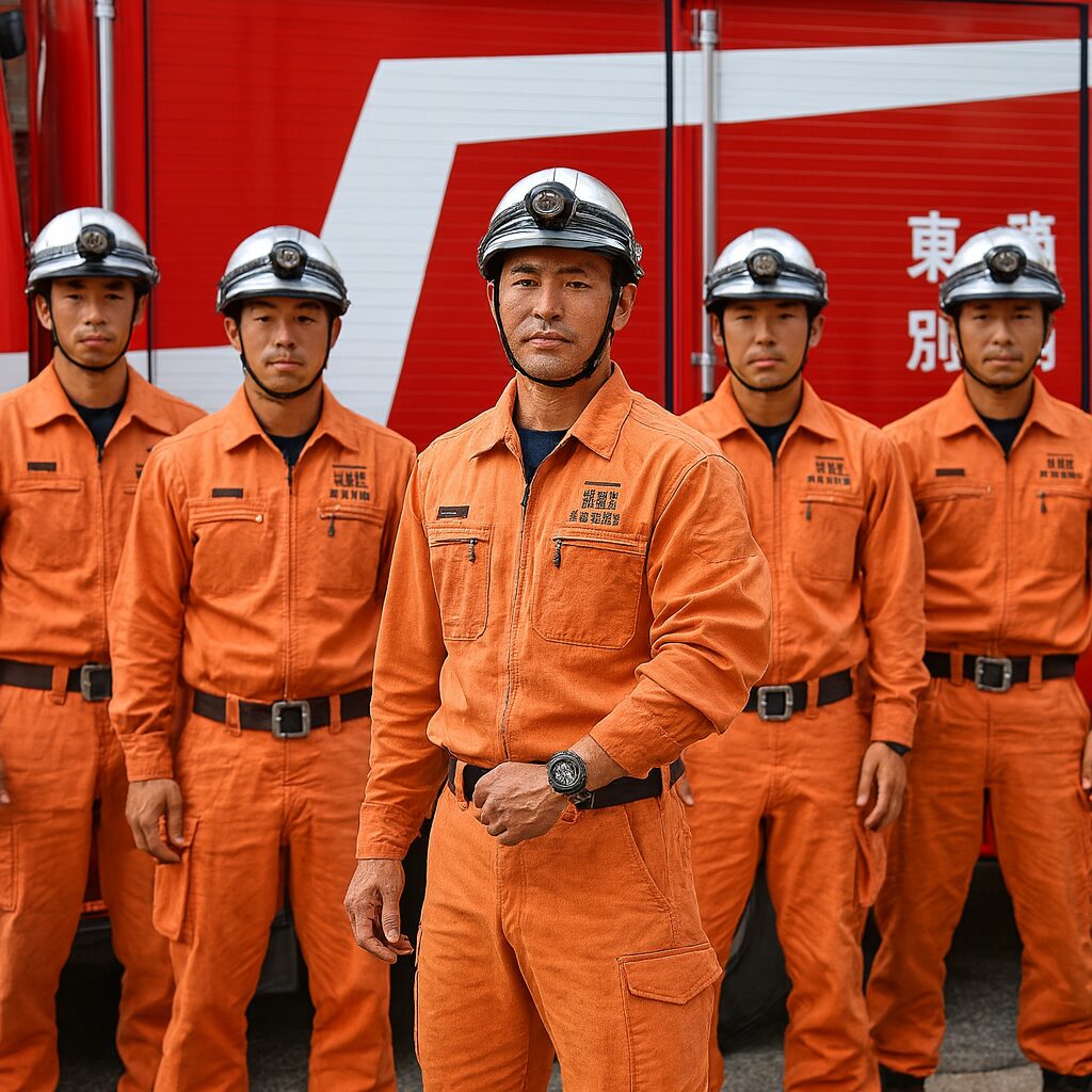 赤い消防車の前にオレンジ色の防火服を着た日本人消防士6人が並んで立っている様子。各隊員はヘルメットと黒いブーツを着用し、現場対応に備えた整列姿を見せている。