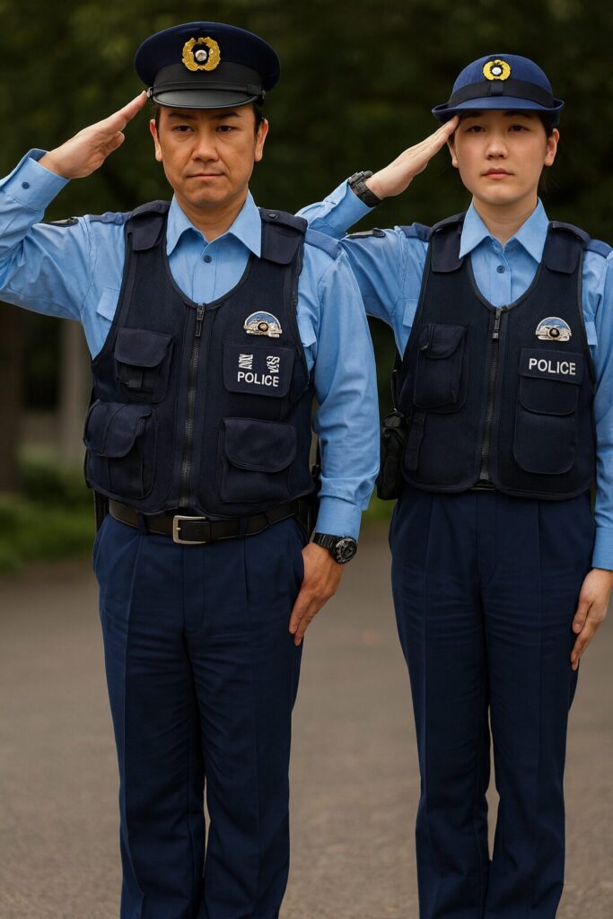 夏服の日本人警察官男女2人が並んで敬礼している様子。青い半袖の制服と防弾ベストを着用し、男性警察官の左腕には黒い腕時計が見える。背景は公園の木々で、日中の自然な場面。