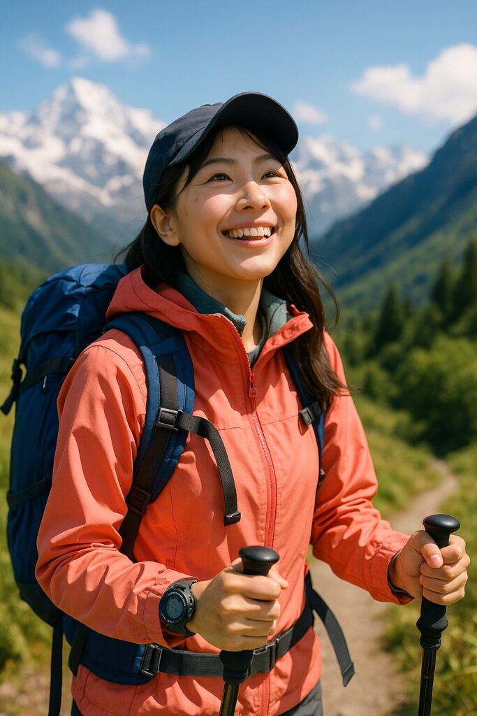 日本人女性が左腕に腕時計を装着して登山道を歩く姿。表情は穏やかで、周囲の自然と調和した開放的な雰囲気が漂う。