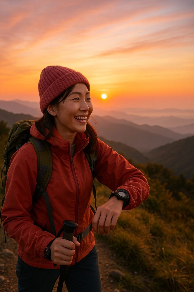 朝焼けに染まる山頂でたたずむ日本人女性登山者。柔らかな光が彼女の横顔と装着した腕時計を美しく照らしている。