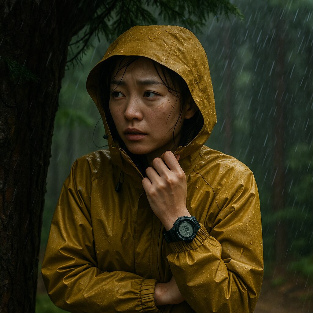 突然の雨を避けて、レインウェアを着て木陰に身を寄せる日本人の女性ハイカー