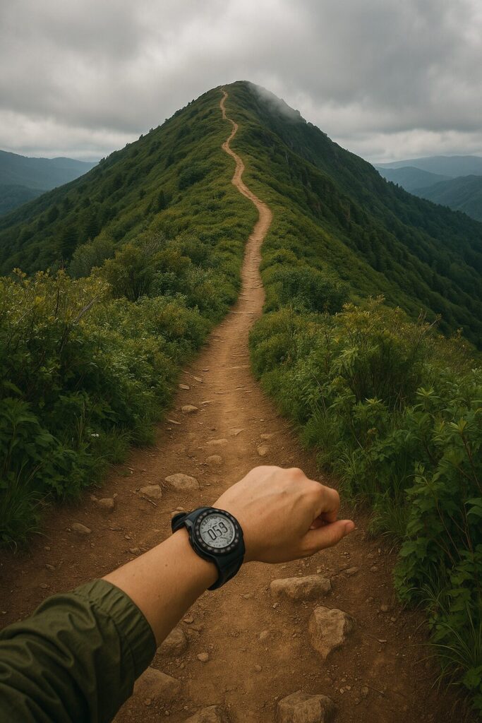 登山道を延々と登る山道の風景。草木に囲まれた土のトレイルが山の斜面に沿って続き、先の見えない上り坂が険しい登山ルートの厳しさを物語っている。空は曇りがかっており、静寂と自然の息づかいが感じられる風景。