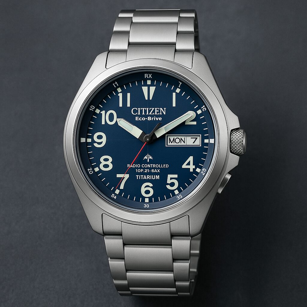CITIZEN プロマスター ランド AT6080-53Lの高解像度イメージ。ネイビーブルーの文字盤にアラビア数字、スーパーチタニウム製ケースとブレスレットが特徴の電波ソーラー腕時計。背景は落ち着いたグラデーションで時計の質感が際立っている。