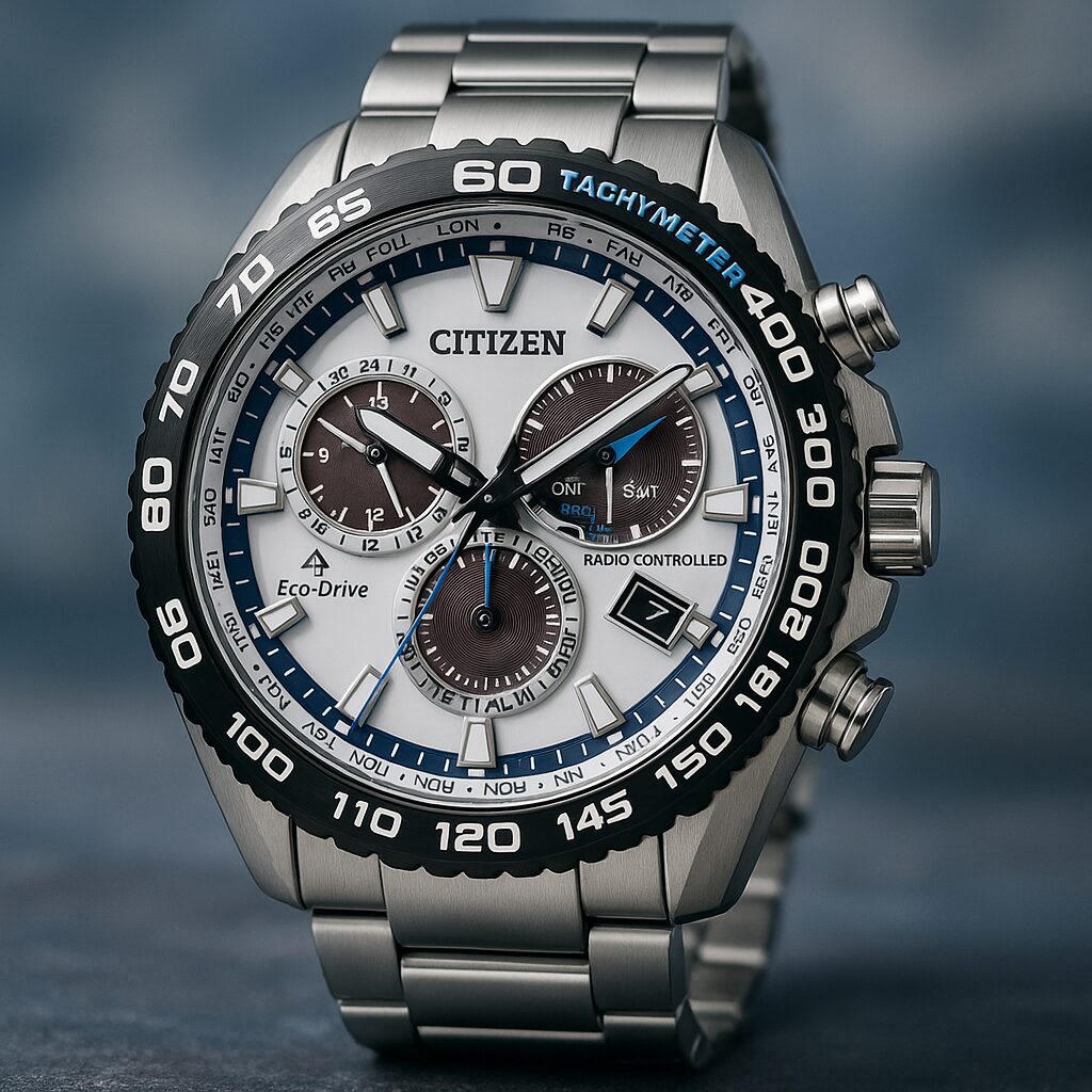 CITIZEN プロマスターランド CB5034-91Aの高解像度イメージ。ホワイトダイヤルに3つのブラックサブダイヤルを備えたクロノグラフ仕様。ブルーの秒針とタキメーターベゼルがスポーティな印象を与え、ステンレス製ブレスレットが上品さを引き立てている。