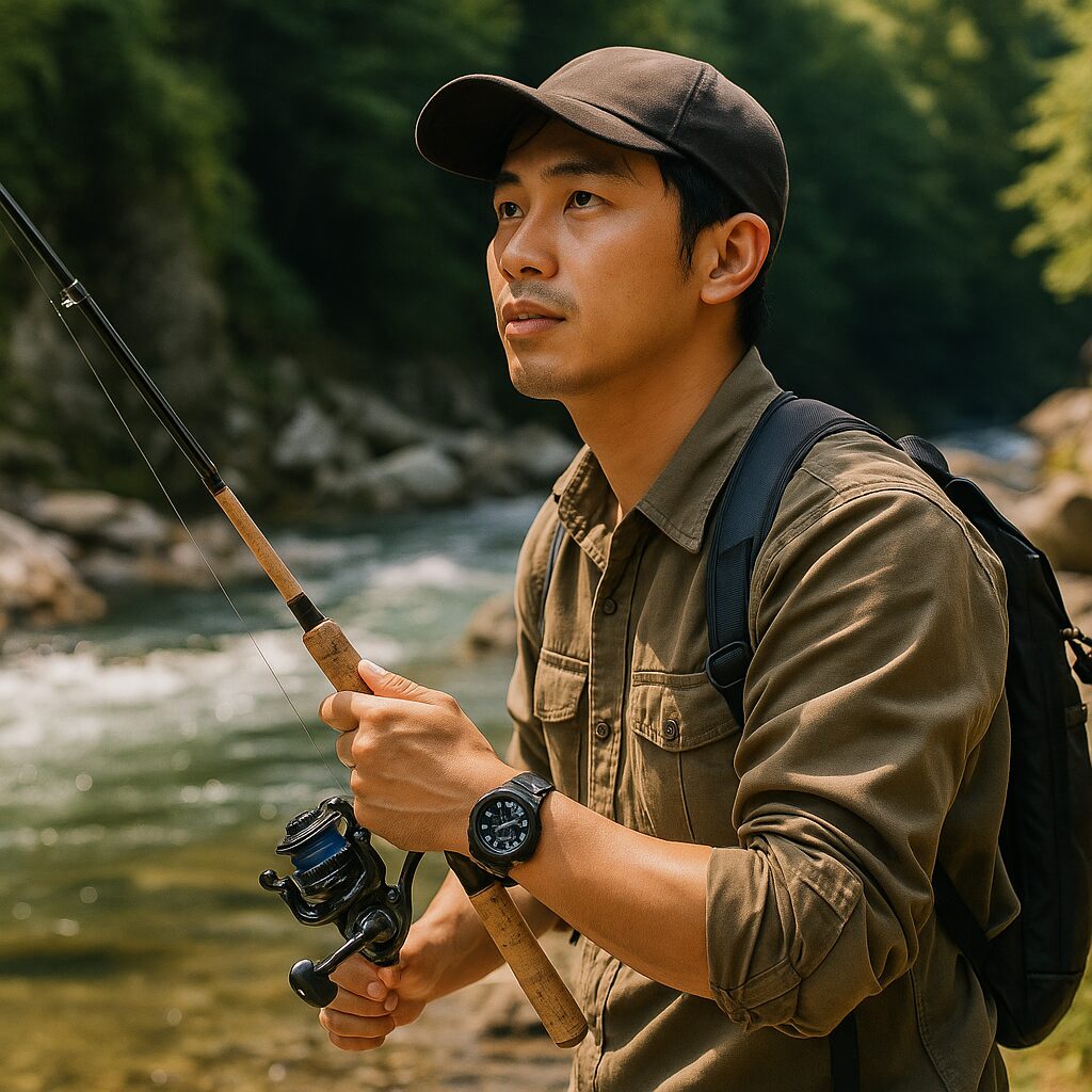 渓流で釣りを楽しむ日本人男性。長袖ウェアとキャップを着用し、片手に釣り竿を持ち、もう一方の手首にはプロトレック風の腕時計を着けているが詳細はぼやけている。背景には澄んだ川と岩場が広がっている。