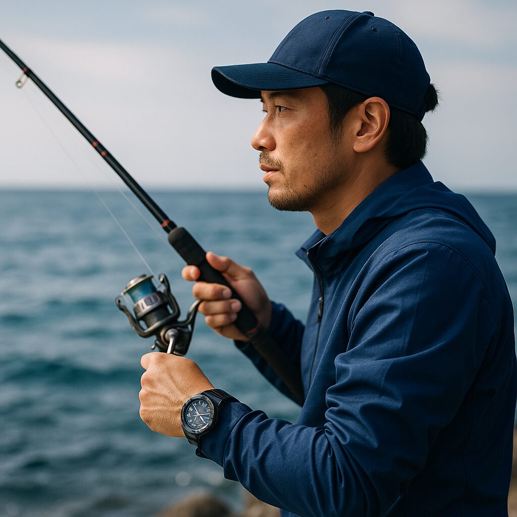 海辺で釣りをする日本人男性。青いキャップと防水ジャケットを着用し、釣り竿を構えて海に向かって集中している。左手首にはプロトレック風の腕時計が見えるが詳細ははっきりしていない。背景には穏やかな波と青い海が広がっている。