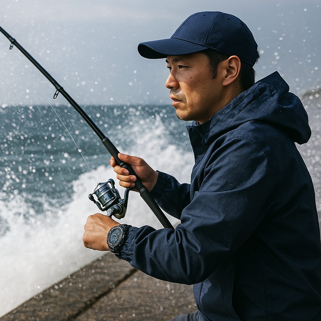波止場で釣りをする日本人男性。青いキャップと防水ジャケットを着用し、波しぶきが上がる中で釣り竿を握っている。左手首にはプロトレック風の腕時計が見えるが詳細は不鮮明。背景には荒れた海と高い波が映っている。