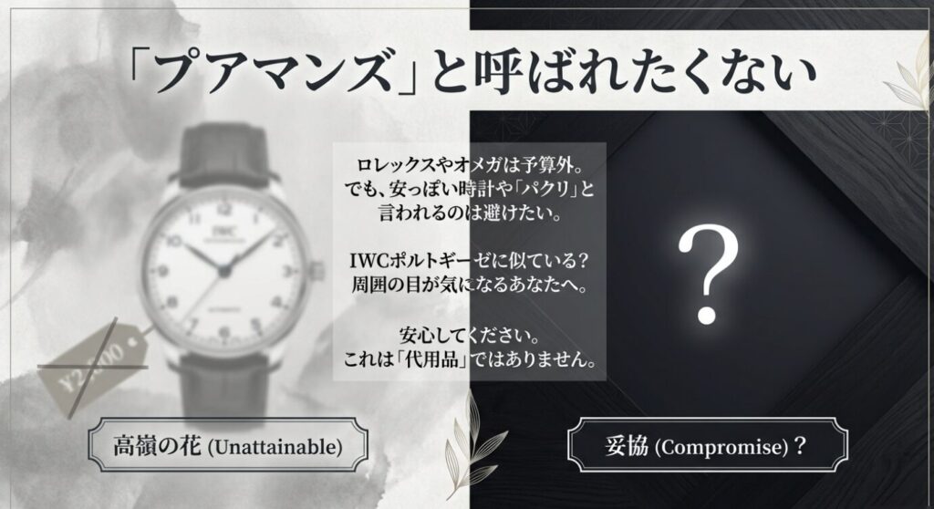画像タイトル： 代用品ではない「本物」の価値

代替テキスト： 「プアマンズと呼ばれたくない」「IWCポルトギーゼに似ている？」というユーザーの不安に対し、「これは代用品ではありません」と力強く答えるスライド。