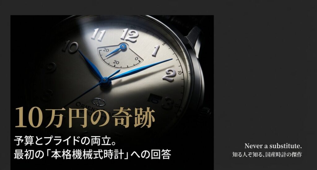 画像タイトル： オリエントスター：予算とプライドの両立

代替テキスト： 「10万円の奇跡」「予算とプライドの両立」というキャッチコピーと共に、オリエントスターの時計が紹介されているスライド。