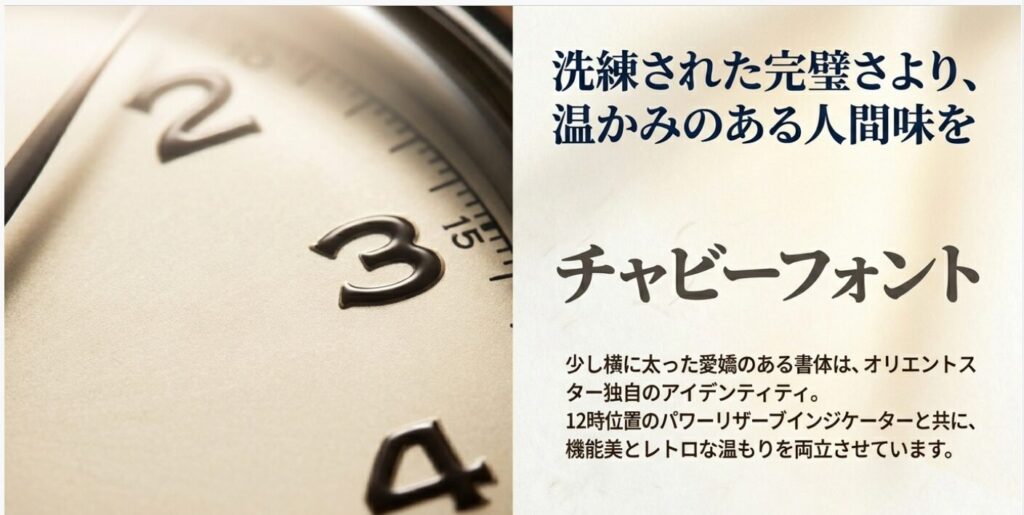 画像タイトル： 温かみのある「チャビーフォント」と機能美の両立


代替テキスト： オリエントスター独自の「チャビーフォント」とパワーリザーブインジケーターをクローズアップし、「洗練された完璧さより、温かみのある人間味を」と解説するデザイン詳細スライド 。