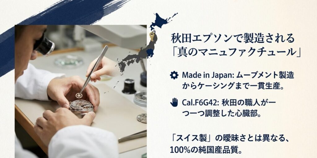 画像タイトル： 秋田エプソンで製造される「真のマニュファクチュール」


代替テキスト： ムーブメント製造から組み立てまで一貫して国内で行う「100%の純国産品質」と、秋田の職人が調整する心臓部（Cal.F6G42）について説明したスライド 。