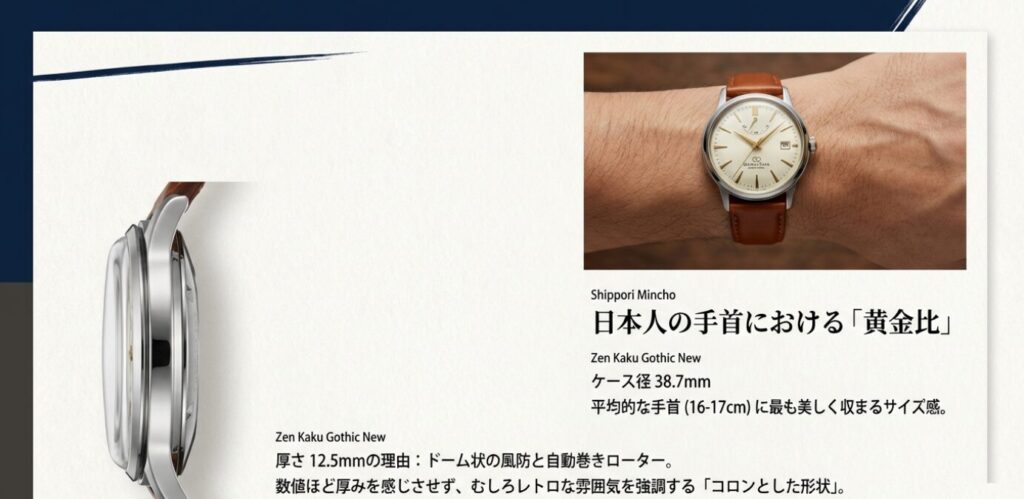 画像タイトル： 日本人の手首における「黄金比」のサイズ感


代替テキスト： 日本人の手首に美しく収まる38.7mmのケース径と、ドーム状の風防が作り出す「レトロでコロンとした形状」を着用画像と共に解説するサイズ感のスライド 。