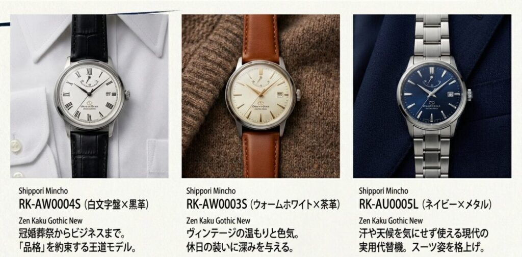 画像タイトル： シーン別・おすすめの3モデル一覧


代替テキスト： 王道の「RK-AW0004S」、ヴィンテージな「RK-AW0003S」、実用的な「RK-AU0005L」の3本を、それぞれの利用シーンや魅力と共に紹介するまとめスライド 。